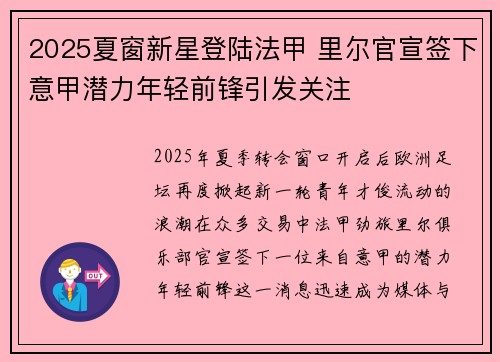 2025夏窗新星登陆法甲 里尔官宣签下意甲潜力年轻前锋引发关注 2025夏窗新星登陆法甲 里尔官宣签下意甲潜力年轻前锋引发关注