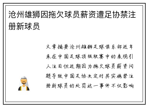 沧州雄狮因拖欠球员薪资遭足协禁注册新球员 沧州雄狮因拖欠球员薪资遭足协禁注册新球员